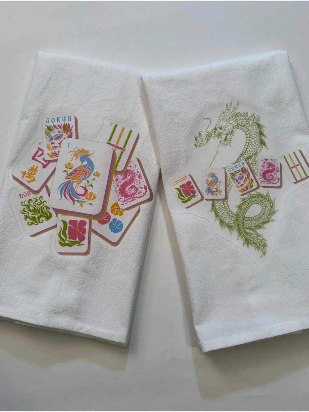 Mahjong White Tea Towels with Colorful Mahjong Tile and Green Dragon Prints